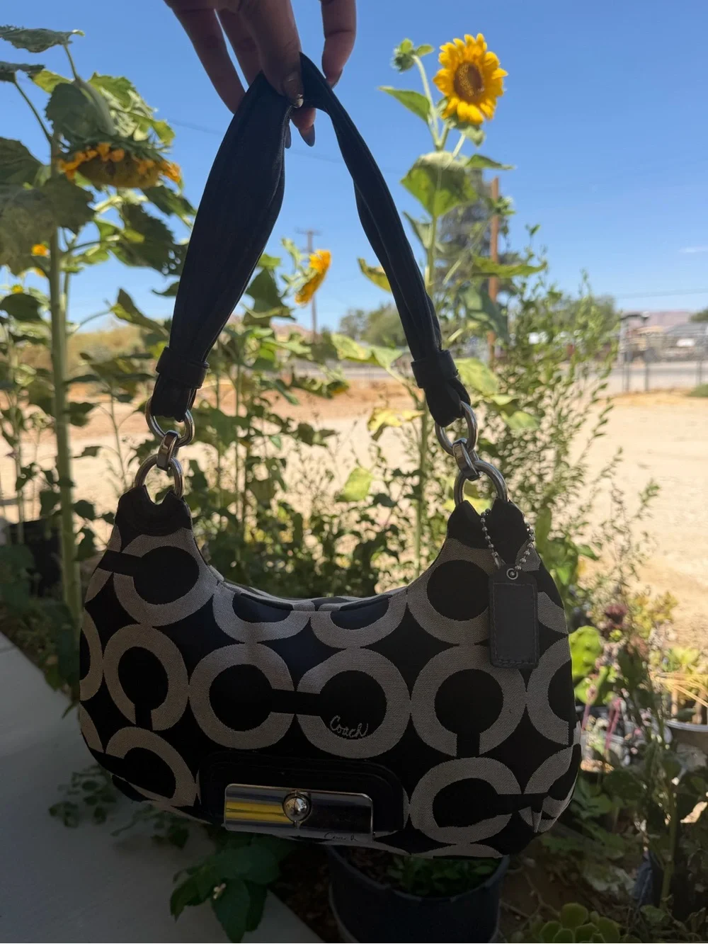 Coach Black and Gray Signature C Logo Shoulder Bag